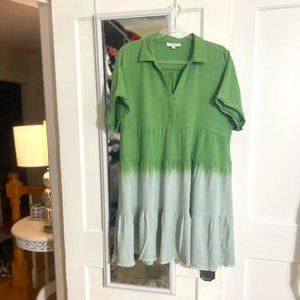 Umgee + Green and Light Blue Linen Blend Dip Dye Dress - Size 1XL